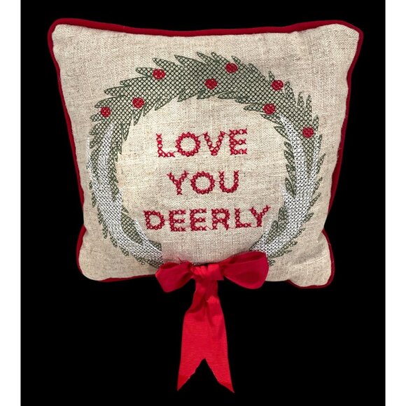 Vintage St. Nicholas Square Love You Deerly Decorative Pillow with Wreath & Bow - Picture 1 of 8